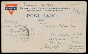 Postal History - WWI: REPATRIATION: YMCA postcard endorsed "Prisoner of War - Free" & datelined "SS Frankfurt 24 X 1919" with Indian 'FPO No 70/26OCT19' cds in use at Suez (Egypt), Sydney arrival b/s of DE1/1919, minor blemishes. [The writer was a Hungari