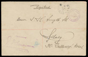 Postal History - WWI: BERRIMA: 1918 (Oct 2) cover to Sydney registered with 'BERRIMA/OC2/1918/NSW' cds & Lt-Col Holman cachet, no registration number or label but with 'REGISTERED/2OC18/SYDNEY NSW' arrival b/s, minor soiling. (EFR at page 116) [There was 