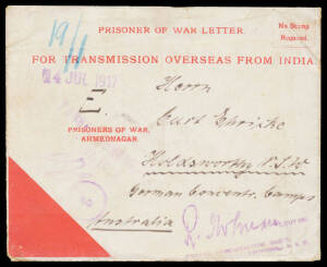 Postal History - WWI: HOLDSWORTHY: INWARDS MAIL: 1917 'PRISONER OF WAR LETTER/FOR TRANSMISSION OVERSEAS FROM INDIA' Envelope in Red/White with 'AHMEDNAGAR CAMP/17JUL17' b/s & light 'PASSED CENSOR/17JUL1917/(initials)' & '2'-in-circle cachets both in viole