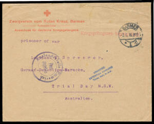 Postal History - WWI: TRIAL BAY: 1916 Red Cross cover from Germany to an officer via England with 'BARMEN/3.8.16' cds & 'Auslandstelle Emmerich/Frei/gegeben' (= Overseas Mail Passed Free at Emmerich) cachet, complete 'OPENED BY/CENSOR/PW 26' label on the 