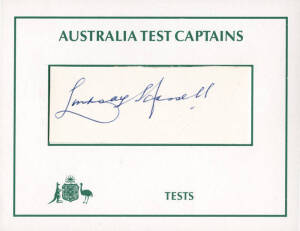 AUSTRALIAN TEST CAPTAINS: Collection of autographs, most on "Australia Test Player" signed autograph cards, comprising Victor Richardson, Don Bradman, Bill Brown, Lindsay Hassett, Arthur Morris, Ian Johnson, Ray Lindwall, Ian Craig, Richie Benaud, Neil Ha