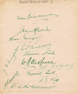 1936-37 Australian Team, autograph page with 12 signatures including Don Bradman, Ross Gregory & Bert Oldfield; with on reverse 7 other Australian signatures including Don Bradman, Bill O'Reilly & Jack Fingleton. Very scarce team.