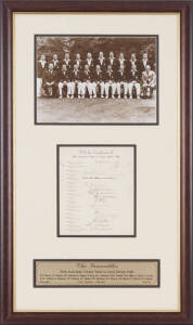 1948 AUSTRALIAN TEAM: "The Invincibles" display comprising 1948 Australian official team sheet (folded, otherwise fine condition) with 17 signatures including Don Bradman, Lindsay Hassett & Don Tallon - plus Sidney Barnes handstamp; window mounted with te