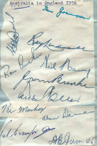 1956 Australian Team, autograph pages (2) with 18 signatures including Ray Lindwall, Keith Miller, Neil Harvey & Ian Johnson.