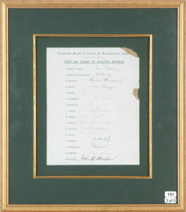 FRAMED TEAM SHEETS: 1956-57 England with 17 signatures; 1957-58 South Africa with 14 signatures & 1957-58 Australia with 16 signatures (all team sheets in Fair condition with some signatures a trifle faded), all framed & glazed, each overall 41x47cm.