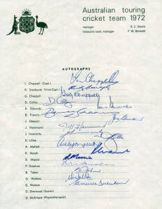 1972 Australian Team, official team sheet with 17 signatures including Ian Chappell (captain), Keith Stackpole, Greg Chappell, Graeme Watson & Dennis Lillee. Fine condition. {Dennis Lillee's first Ashes tour}.