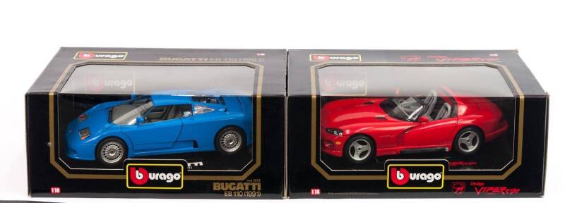 BURAGO: 1:18 Group of Model Cars Including 1991 Bugatti EB 110 (3035); And, 1992 Dodge Viper RT/10 with (3025). All mint in original cardboard packaging. (2 items)
