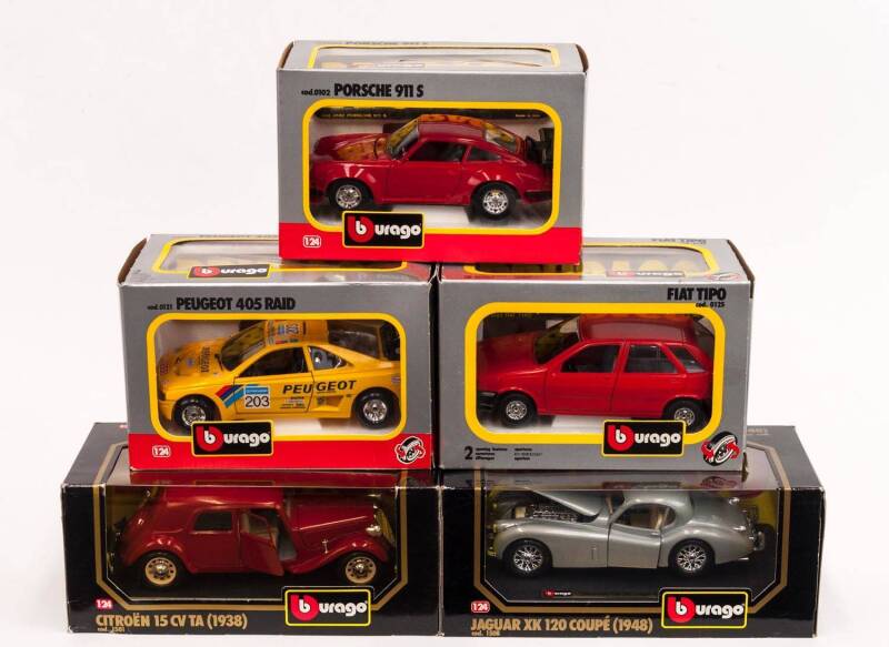 BURAGO: Group of Model Cars Including 1948 Jaguar XK 120 Coupe (1508); And, 1938 Citroen 15 CV TA (1501); And, Porsche 911 S (0102). All mint in original cardboard packaging. (5 items)