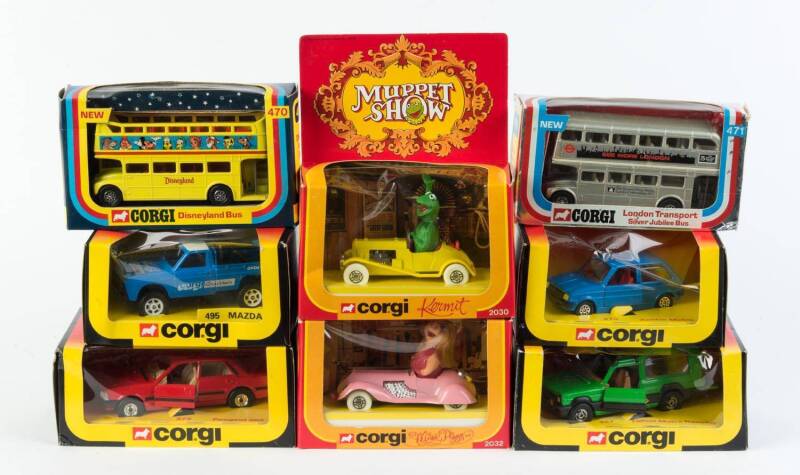 CORGI: Vintage Group of Model Cars Including Rover Triplex (340); And, Austin Mini Metro; And, ‘Muppet Show’ Kermit (2030). All mint in original cardboard packaging (50 items approx)