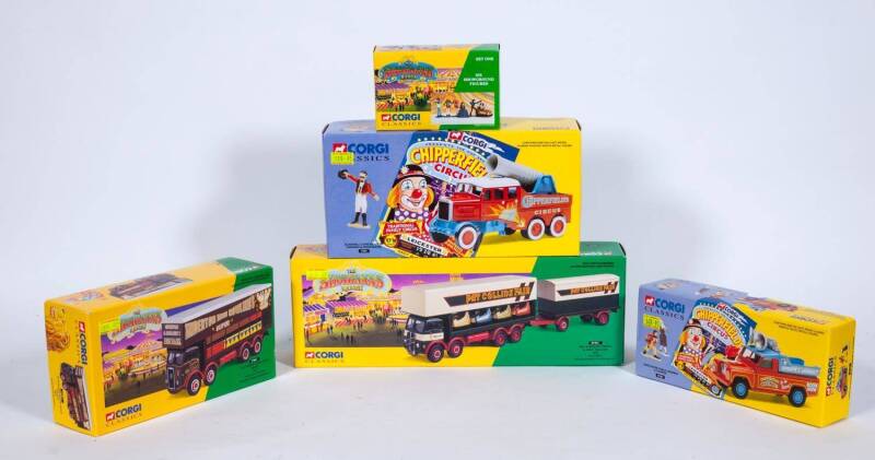 CORGI: Group of ‘Corgi Classics’ Circus Group Including ERF Dodgem Truck & Box Trailer Set (09901); And, Scammell Highwayman With 2 Trailers (97915); And, Land Rover Public Address & Clowns (07202). All mint in original cardboard packaging. (21 items)