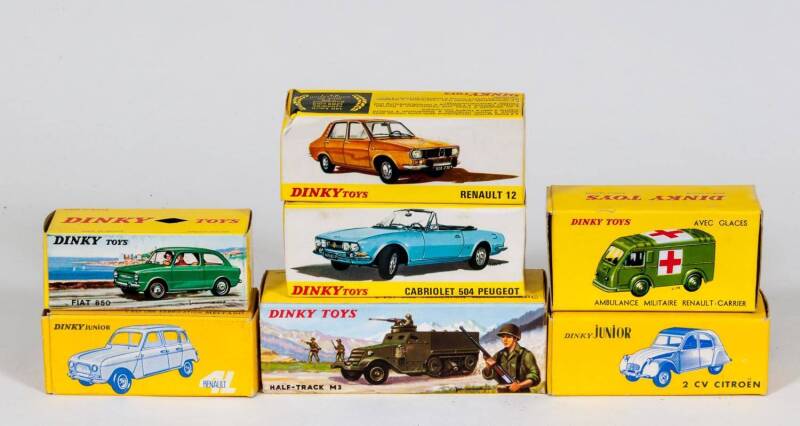 DINKY TOYS: Group of 1960’s-70’s French Make Model Cars Including Break Simca 1500 (507); And, 2 CV Citroen 61 (558); And, ‘Junior’ Renault 4L (100). Most mint in original cardboard packaging also including assortment of empty boxes. (38 Cars, 17 empty bo