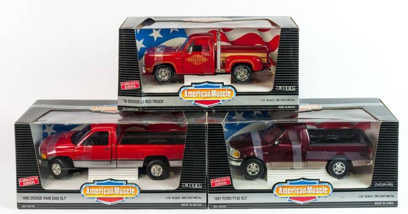 ERTEL: 1:18 Group of ‘American Muscle’ Utility Trucks Including 1978 Dodge Lil Red Truck (7385); And, 1995 Dodge Ram 2500 SLT (7333); And, 1997 Ford F150 XLT (7224). All mint in original cardboard packaging. (3 items)