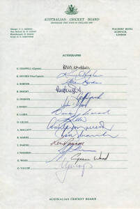 1980 Australian Team for Centenary Test tour of England, official team sheet, with 14 signatures including Greg Chappell, Kim Hughes, Dennis Lillee & Rod Marsh. Superb condition.