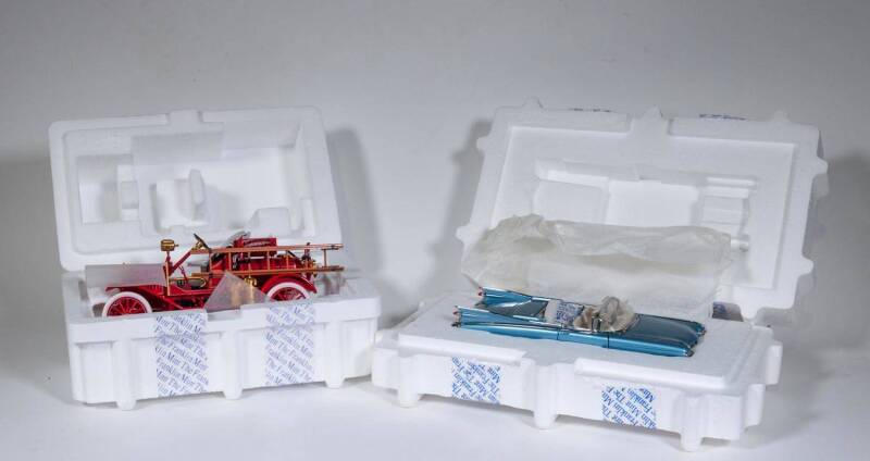 FRANKLIN MINT: Group of Model Cars and Trucks Including 916 Model T Fire Engine (B11UQ62); And, 1959 Cadillac Eldorado Biarritz Convertible (B11SO65); And, 1956 Oldsmobile Starfire (B11UO23). All mint in original cardboard packaging with original labels.