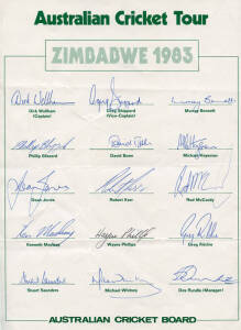 1983 Australian Team to Sri Lanka, official team sheet with 16 signatures including Greg Chappell (captain), Dennis Lillee, David Hookes & Allan Border. 1983 Australian Team to Zimbabwe, official team sheet with 15 signatures including Dirk Wellham (capta