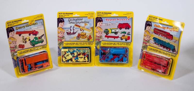KIT-O-RAMA: Group of Small Plastic Hobby Kits Including Historical Transportation (3101); And, Heavy Movers (3103); And, Airport Services (3105). All mint and unopened on original cardboard card.
