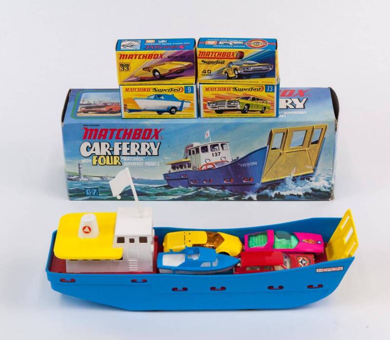 MATCHBOX: Vintage 1970s Car-Ferry (G-7) Comprising of 1 Car Ferry, Mercury Commuter (73), Superfast Boat and Trailer (9), Datsun 126X (33) and Guildsman 1 (40). Mint in original cardboard packaging with original labels.