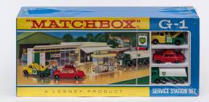 MATCHBOX: Vintage 1970s Service Station Set (G-1) Comprising of 1 BP Service Station, BP Dodge Wreck Truck (13), Fiat 1500 (9), Leyland BP Petrol Tanker Truck (32). Mint in original cardboard packaging with original labels and cardboard play mat.