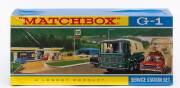 MATCHBOX: Vintage 1970s Service Station Set (G-1) Comprising of 1 BP Service Station, BP Dodge Wreck Truck (13), Fiat 1500 (9), Leyland BP Petrol Tanker Truck (32). Mint in original cardboard packaging with original labels and cardboard play mat. - 2