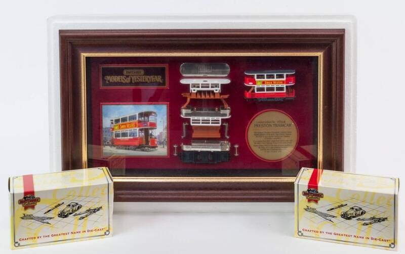 MATCHBOX: Group of ‘Models of Yesteryear’ Including 1922 AEC Omnibus (YET05-M); And, 1957 Chev Bel-Air Hardtop (DYG02-M); And, Framed Limited Edition Preston Tram Car. All mint in original cardboard packaging. (14 items)