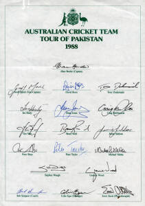 1988 Australian Team to Pakistan, official team sheet with 18 signatures including Allan Border (captain), Dean Jones & Steve Waugh. Fine condition.