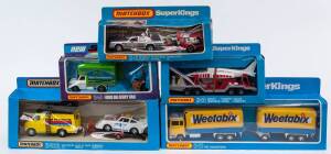 MATCHBOX: Group of ‘Superkings’ Including Ford Transcontinental ‘Weetabix’ (K-21); And, Power Boat and Transporter (K-27), And, Race Support Set (K-102). Most mint, all in original cardboard packaging. (21 items)