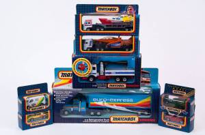 MATCHBOX: Group of Model Cars Including ‘Superkings’ Refrigeration Truck’ (K31); And, ‘Superkings’ Crane Truck (K148); And, ‘Convoy’ DAF Aircraft Transporter (CY21). Most mint, all in original cardboard packaging. (20 items)