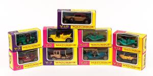 MATCHBOX: Groups of Models of Yesteryear Including 1911 Model T Ford (Y-1); And, 1907 Peugeot (Y-5); And, 1911 Maxwell Roadster (Y-14). All mint in original cardboard packaging. (80 items)
