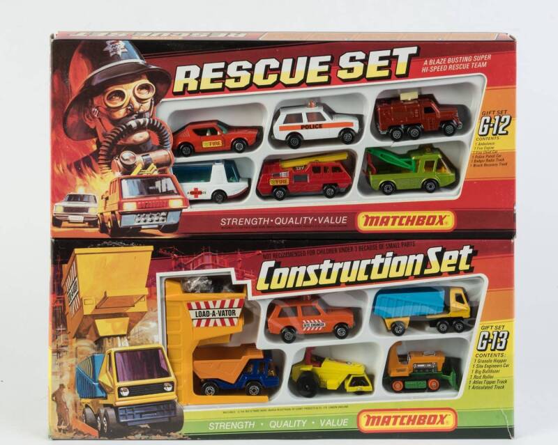 MATCHBOX: Pair of Vintage 1970s Play Sets Including Construction Set (G-13); And, Rescue Set (G-12). All mint in original cardboard packaging. (2 items)