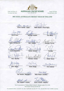 1993 Australian Team to England, official team sheet with 21 signatures including Allan Border, Mark Taylor & Shane Warne. (In his first Ashes tour, Warne bowled Gatting with "the ball of the Century"). Folded, otherwise fine condition. Scarce.