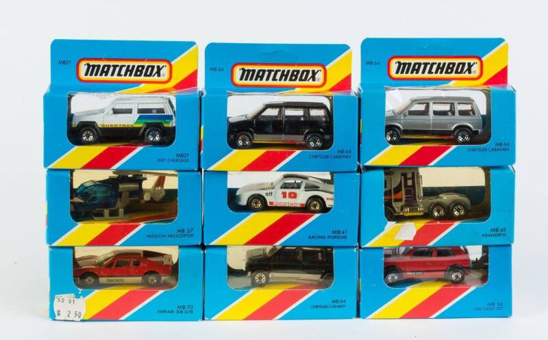 MATCHBOX: Group of Model Cars Including Mission Helicopter (MB 57); And, Kenworth (MB 45); And, VW Golf GTI (MB 56). All mint in original cardboard packaging. (200 items approx)