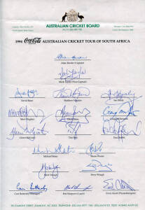 1994 Australian Team to South Africa, official team sheet with 19 signatures including Allan Border, Mark Taylor, Shane Warne & Glenn McGrath. Fine condition. Scarce. {Allan Border's last tour as captain}.