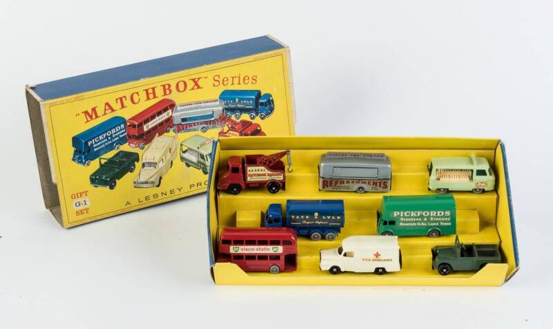 MATCHBOX: 1960s Commercial Vehicles Set (G-1) Including six cars (5, 10, 12, 13, 14, 21, 46, 74) . Near mint to mint in original cardboard packaging with original labels. Near mint to mint original packaging. 