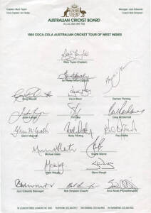 1995 Australian Team to West Indies, official team sheet with 18 signatures including Mark Taylor, Carl Rackemann, Glenn McGrath, Shane Warne & Steve Waugh. Fine condition. Rare. {Australia's first Test series win in the West Indies for 22 years}.