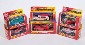 MATCHBOX: Group of 1970’s ‘Speed Kings’ Including Ambulance (K-49); And, Hot Fire Engine (K-53); And, Formula 1 Surteests 16 (K-44). All mint in original cardboard packaging. (9 items)