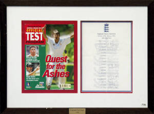 1998-99 England Team to Australia, official team sheet for Ashes Tour Party with 17 signatures including Alec Stewart (captain), Darren Gough & Graham Thorpe, window mounted with Official Test Program, framed & glazed, overall 63x48cm.