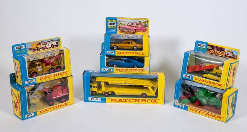 MATCHBOX: Group of Late 1960’s’ Super Kings’ Including Car Transporter (K-8); And, Massey Ferguson Tractor Trailer (K-3); And, Ready Mix Concrete Truck (K-13); All Mint in original Cardboard packaging. (22 items) 