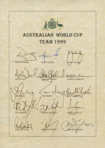 1999 Australian Team to World Cup, official team sheet with 15 signatures including Stephen Waugh (captain), Shane Warne & Adam Gilchrist. Fine condition. RARE. [Australia won the 1999 World Cup].