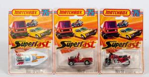 MATCHBOX: Group of 1970’s ‘Superfast’ Blister Packs Including Mercedes Tourer (6); And, Hot Rod Jeep (2); And, Hondarora (18). All mint and unopened on original cardboard cards. (45 items approx.)