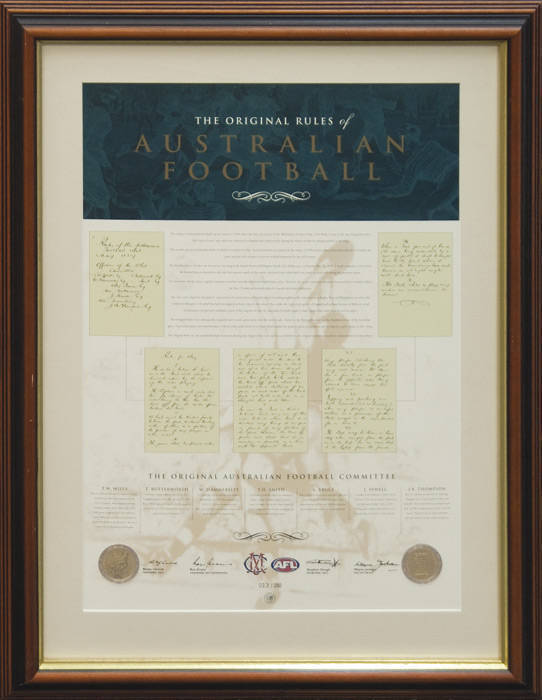 "THE ORIGINAL RULES OF AUSTRALIAN FOOTBALL", MCC/AFL display comprising interesting print mounted with two medallions, limited edition 013/250, framed & glazed, overall 59x79cm.