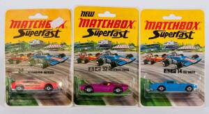 MATCHBOX: Group of Various 1970’s ‘Superfast’ Blister Packs Including ISO Grifo (14); And, Maserati Bora (32); Lamborghini Marzel (20). All mint and unopened on original cardboard cards. (25 items approx.)
