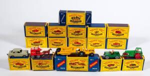 MATCHBOX: Group of Vintage 1950s Moko-Lesney Era 1-75 B Style Model Cars and Accessories Including ESSO Petrol Pumps and Sign (Accessory 1); And, Caterpillar Earth Scraper (Major Pack 1); And, Army Jeep (12). Most mint, all in original cardboard packaging