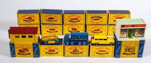 MATCHBOX: Group of Vintage 1950's Lesney Era 1-75 C Style Model Cars and Accessories Including Home Store (A-5); And, Lock-Up Garage (A-3); And, Lomas Ambulance (14). Most mint in original cardboard packaging. (55 items approx.)