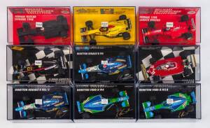 MINICHAMPS: 1:43 Group of Formula 1 Racing Cars Including Michael Schumacher Collection Ferrari 1998 Launch Version; And, Johnny Herbert Benetton Renault B195; And, Michael Webber KL Minardi Asiatech Showcar 2002. All mint in original display cases. (60 i