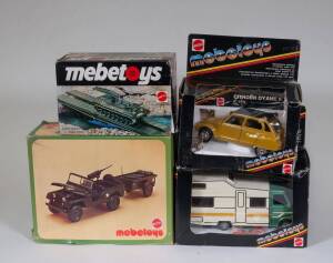 MATTEL: Group of Mebetoys Model Cars Including Carro Armato ‘Leopard’ Posa Ponti (7677); And, Fiat Camper (8598); And, Jeep Willys Con Rimorchio (7689). All mint in original cardboard packaging (21 items)