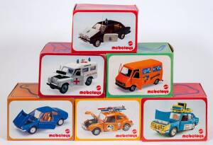 MATTEL: Group of Mebetoys Model Cars Including Fiat 131 Vigili Urbani (8592); And, Jeep Soccorso Aci (8577); And, Land Rover Fotosafari (8594). All mint in original cardboard packaging. (30 items)