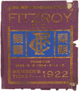 FITZROY: 1922 Member's Season Ticket (Premiership Year), with fixture list & hole punched for each game attended. G/VG condition. [Fitzroy's 7th Premiership].