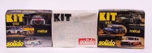 SOLIDO: 1:43 Group of Model Car Hobby Kits Including Porsche 917 (18K); And, Fiat 131 Abarth Rally (54K); And, Peugeot 504 Rally (50K). All unbuilt in original cardboard packaging with slight damage to some of the packaging. (13 items)