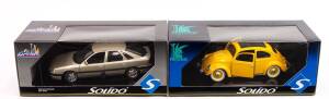 SOLIDO: 1:18 Group of Model Cars Including Renault Safrane (8504); And, VW Beetle. All mint in original cardboard packaging. (2 items)