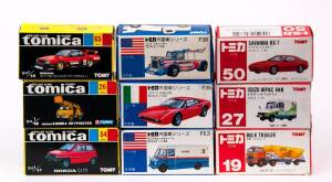 TOMICA: Group of Model Cars Including Savanna RX-7 (50); And, Honda City (54); And, Citroen 2 CV (F39). Most mint in original cardboard packaging. (88 items)